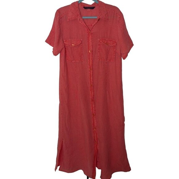 Marina Rinaldi Maxi Shirt Dress Size 12 Coral Linen Washed Button Front Pockets - Picture 15 of 15